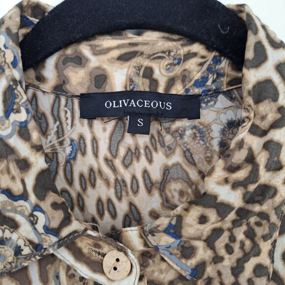 Olivaceous Long Sleeve Mini Dress Tunic Cheetah Print Floral Brown Womens Size S - Picture 5 of 7